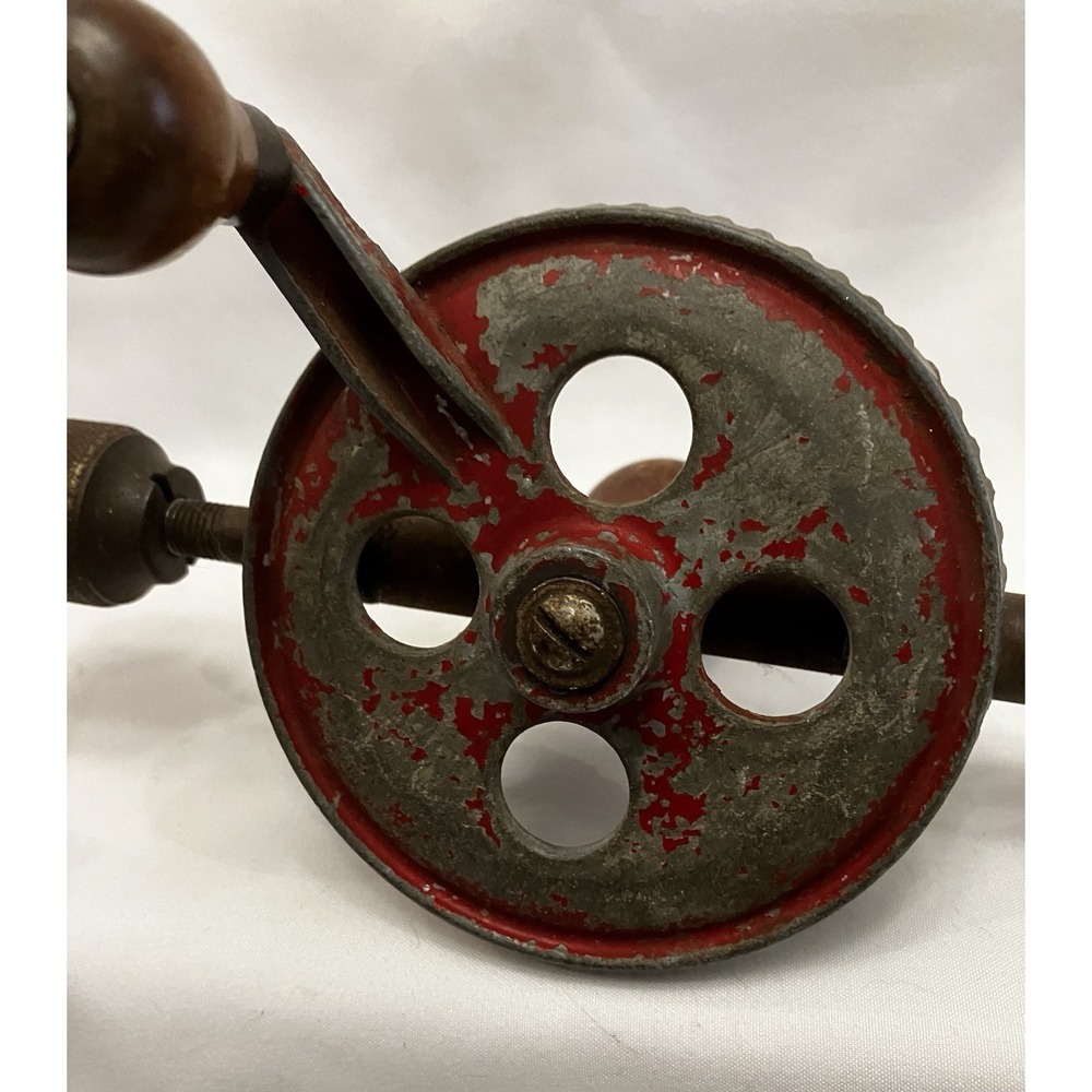 Antique Hand Crank Eggbeater Drill Red Manual Gears Wood Handle Hurdy Gurdy